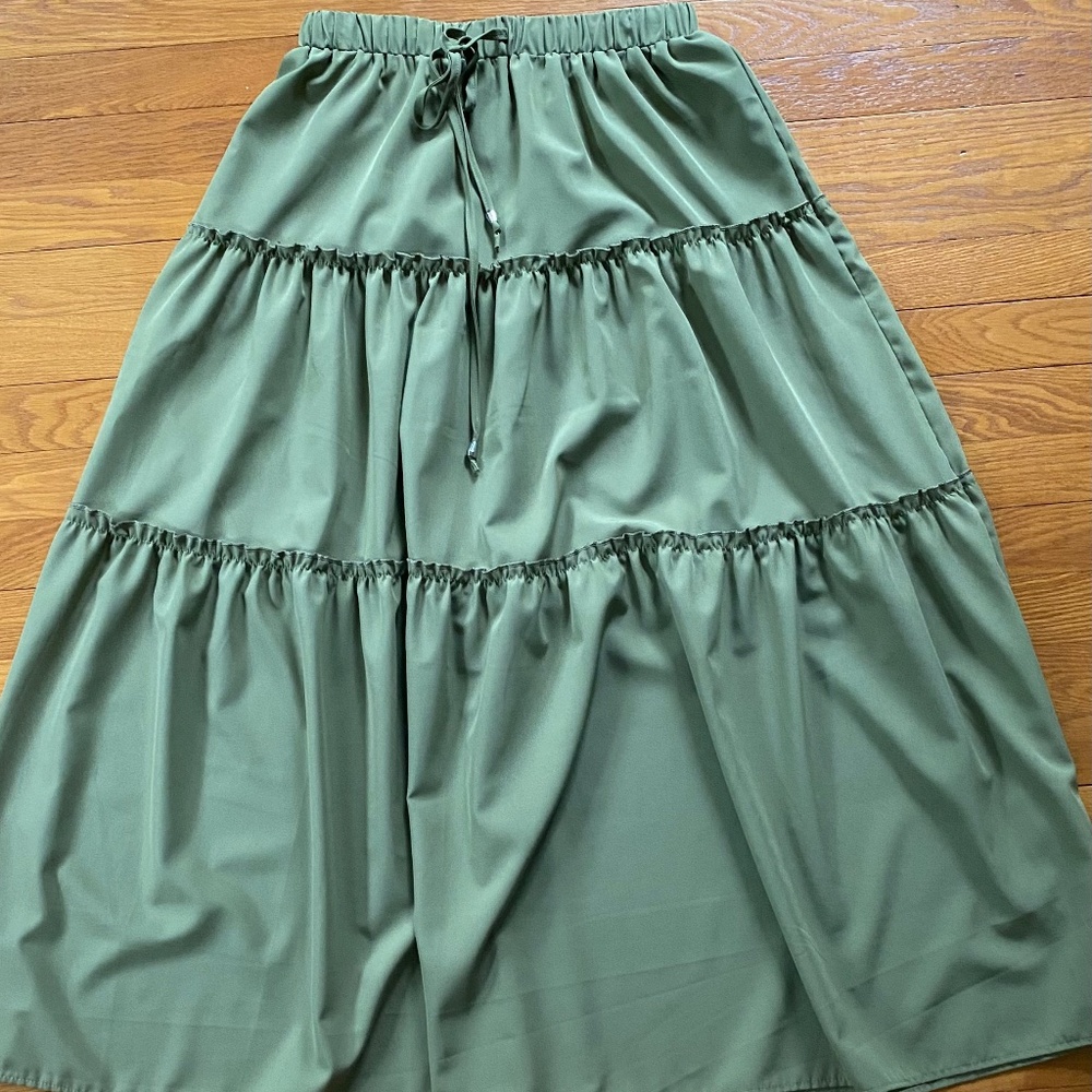 Tiered, Olive Green, Maxi Skirt, Size Medium